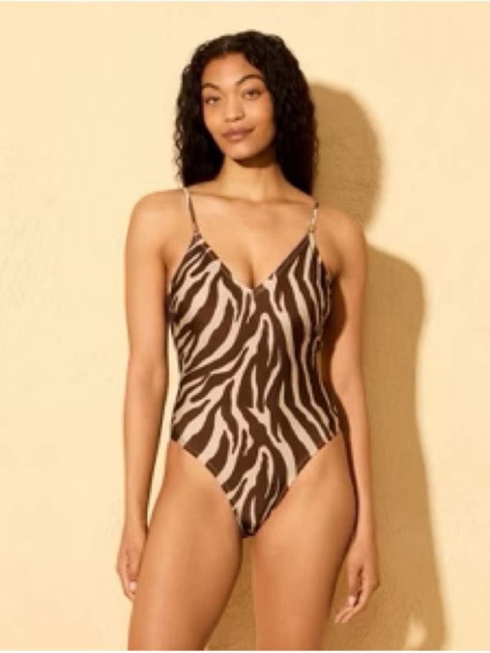 Women's Zebra Print Beaded V-Neck High Leg Cheeky Coverage One Piece Swimsuit
